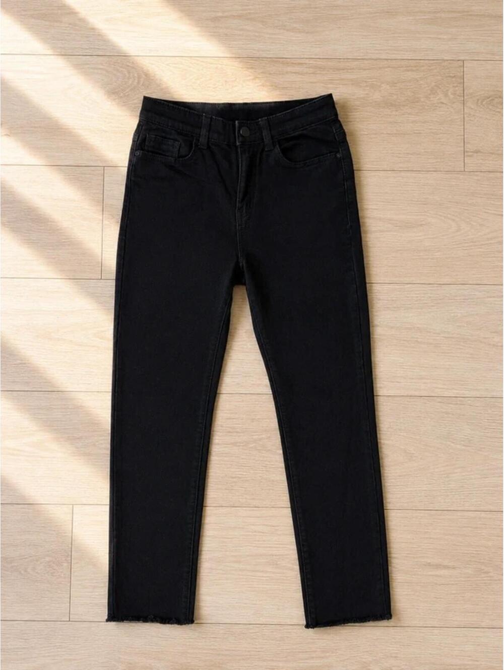 Black Skinny Jeans Raw Hem Ankle Length Stretch Denim Women's